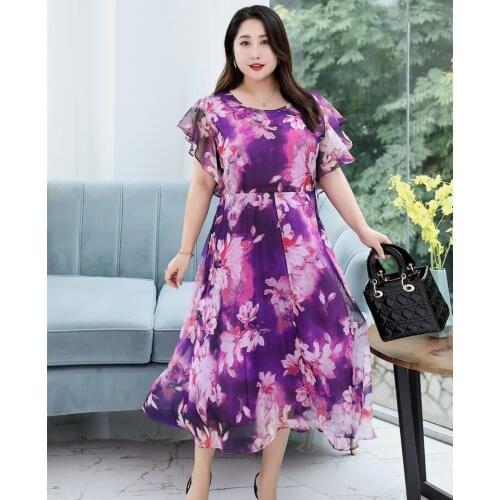 4XL To 8XL Plus Size Floral Chiffon Dress Flare Short Sleeve High Waist Summer Long Maxi Dress O-neck Casual Robes T3399