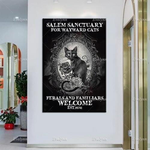 Salem Sanctuary For Wayward Cats Poster, Cat And Skulls Canvas, Black Cat Print, Halloween Home Decor, Witch With Brooms Gift