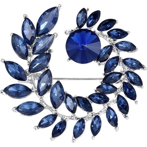 WEIMANJINGDIAN New Arrival Blue Crystal Leaf Shape Brooch Pins for Women Dress Coat Winter Accessories Jewelry