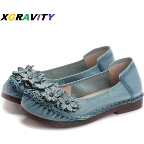 XGRAVITY Branded Female Shoes Round Toe Casual Ladies Loafers Cow Genuine Leather Flat Shoes Vintage Floral Flats Shoes Mother