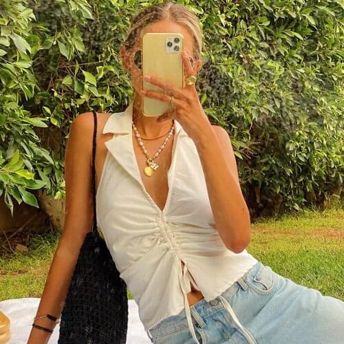 Women Summer Tank Tops Solid Color Lapel V-Neck Sleeveless Drawstring Tight Crop Tops for Girls Black//White/Green