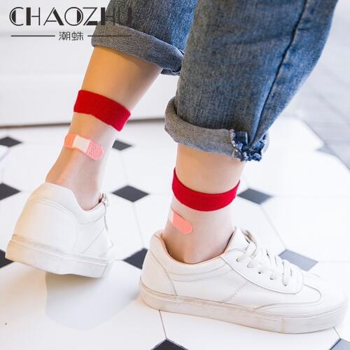 CHAOZHU Summer women sheer socks funny creative design heel Fake band Aid Transparent socks medias for girls lady Sandals socks