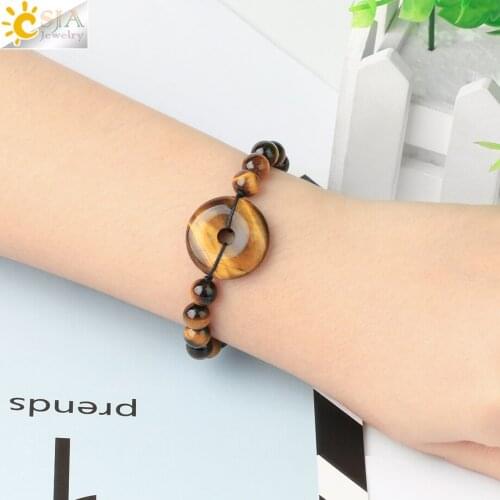 CSJA Natural Stone Bracelet Tiger Eye for Women Jades Donut Charm Bracelet Bangle Braided Handmade Crystal Jewelry Chrismas G811