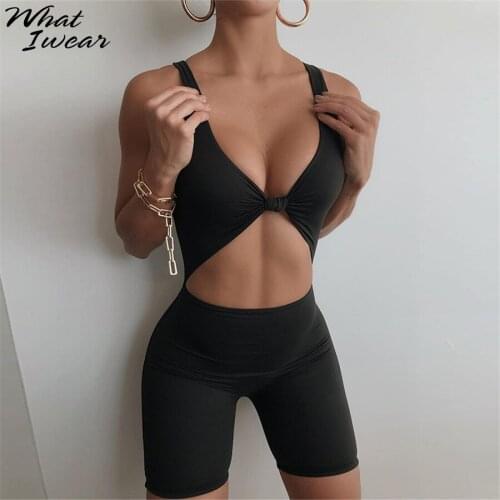 Whatiwear Casual Half Open Neck Elastic Skinny Rompers Women Sleeveless Backless Active Playsuits Workout Summer Shorts Playsuit