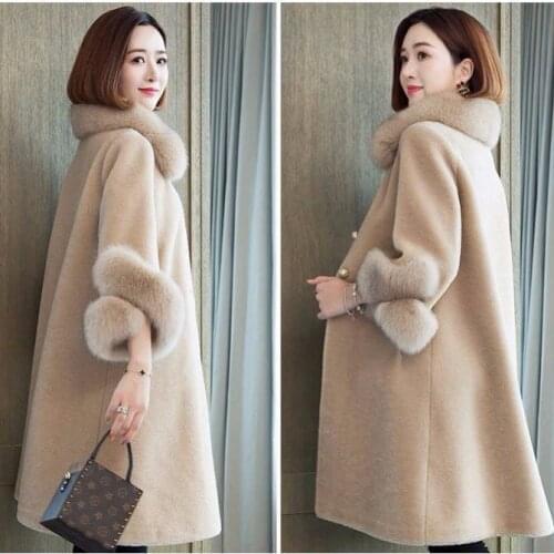 Haining imitation fur sheep cut wool lamb autumn and winter coat women in imitation fox fur collar coat large size faux fur