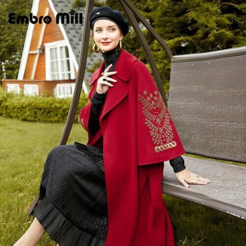 Double-Sided Wool Coat Womens Autumn And Winter New Style Loose Mid-Length Bat Sleeve Beading Design Woolen Coat S-XL