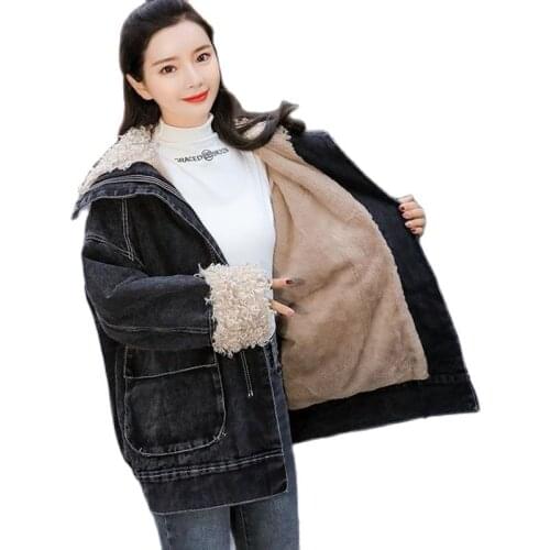 Winter Ladies Denim Jacket Big Pocket Plus Velvet Thicken New 2021 Imitate Lambswool Cotton Zipper Denim Women Cotton Clothes