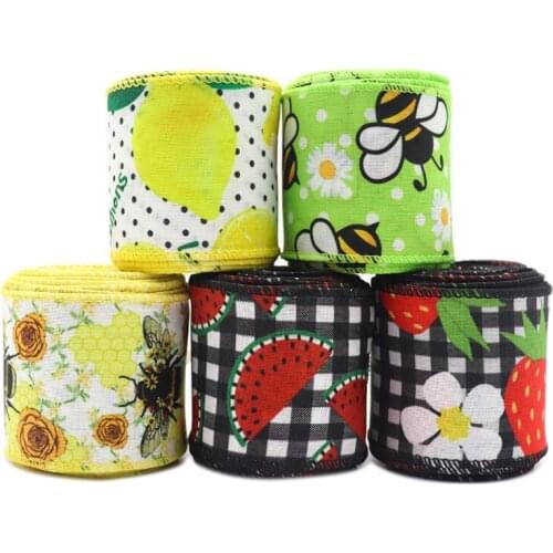 2.5" 63MM Bee Burlap Ribbon Wired Edge Lemon Gingham Ribbon for Craft & DIY , Butterfly Bow, Wreath, 5 /10 Yards Y2021043002