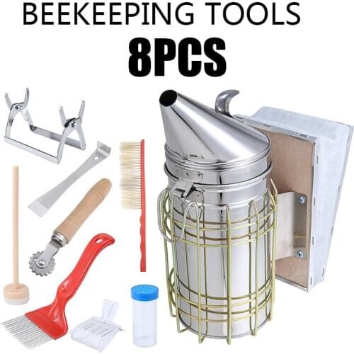 8pcs Beekeeping Bee Hive Smoker Kit Beekeeping Tools Equipment Set Queen Rearing System Cultivating Box Beehive Water Feeder
