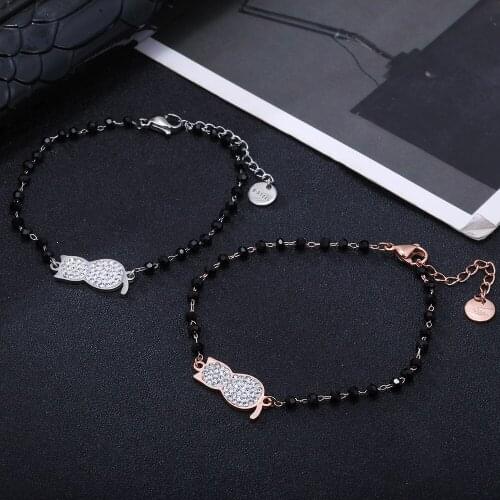 Stainless steel Cute Cat Charms Bracelet Black Crystal Chain Bracelet For Women Fashion Jewelry Pulsera mujer 2021