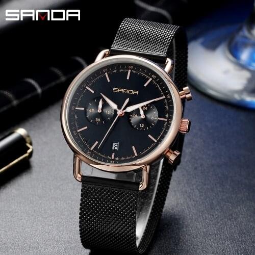 SANDA Mens Fashion Watch Mesh Calendar Quartz Sport Watches Business Casual Watch for Man Clock Montre Homme Relogio Masculino