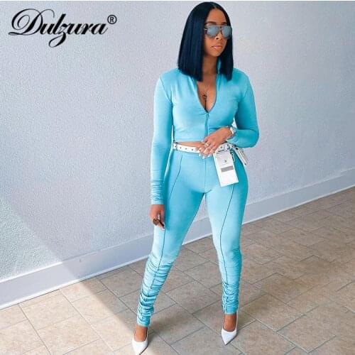 Dulzura 2021 Autumn Winter Women Solid 2 Pieces Long Sleeve Zipper Crop Top Slit Stacked Leggings Set Tracksuit Outfits Casual