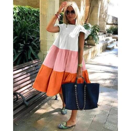 Elegant Patchwork Hit Color Dress Women O Neck Half Sleeve Oversize Casual Dresses Female Summer Clothes Woman Dress