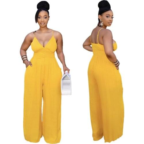 Plus Size One Piece Womens Clothing Sexy Sleeveless Suspenders Fashion Deep V Neck Personality Pockets Pleated Casual Jumpsuits