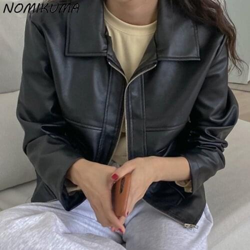 Nomikuma PU Leather Short Woman Jacket Korean Autumn Zipper Turn-down Collar Motorcycle Coat 2021 New Short Outwear 6Z612