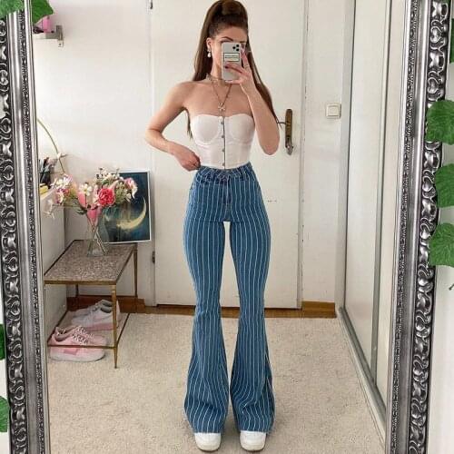 Summer fashion new style striped print hit color high-waist personality street jeans trousers