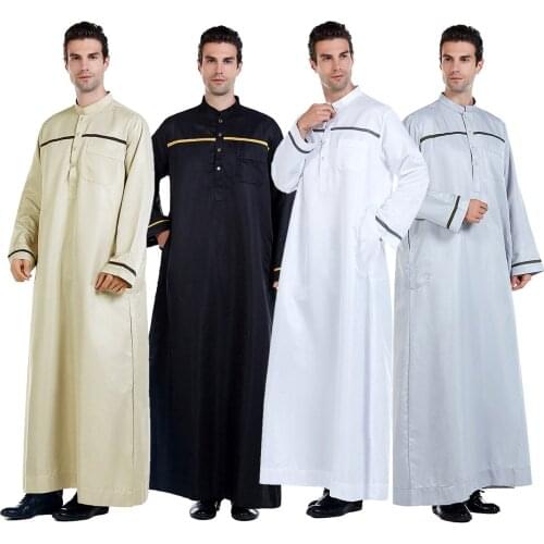 Muslim Long Sleeve Islamic Mens Fashion Solid Color Robe Arabic Kaftan Saudi Dubai Clothing Men Worship Abaya