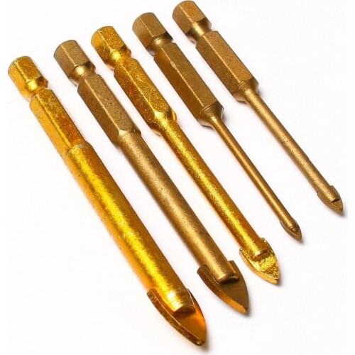 5pcs/lot titanium coated hex glass tile drill bit Set for Wall carbide Mable tile ceramics glass Granite Spear Point Cross Head
