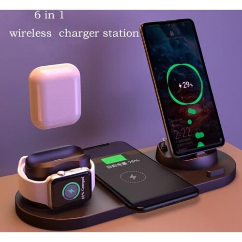 2021 New Design 6 in 1 Fast Wireless Charger Stand Dock For IPhone Android Type-C 10W Qi Fast Charging Apple Watch Airpods Pro