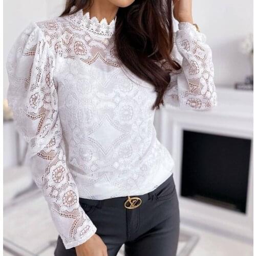 2021 Fashion Womens Spring Summer New Tops Are Hot Selling Sexy See Through Puff Sleeve Stand Up Collar Lace Shirt Solid Color