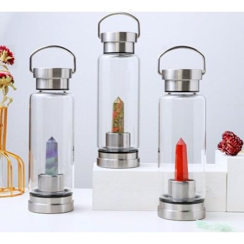 Crystal Glass Water Bottle Energy Quartz Gemstone Water Bottle with Changeable Natural Crystal Center for Healing and Wellness