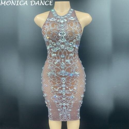 Tan Color Mesh Silver Rhinestones Transparent Halter Dress Birthday Celebrate Sleeveless Dress See Through Women Dance Dress