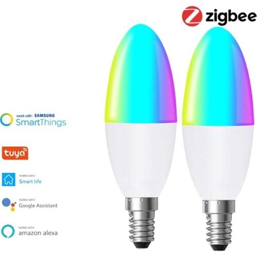 1-10pcs Tuya Zigbee 3.0 Smart E14 LED Candle Light Bulb RGB+W+C Dimmable Work with SmartThings Echo Plus Alexa Home Assistant