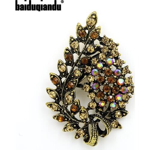 Baiduqiandu Assorted Colors Red Coffee Blue and Purple Crystal Rhinestones Flower Leaf Brooch Pins in Antique Gold Color Plated