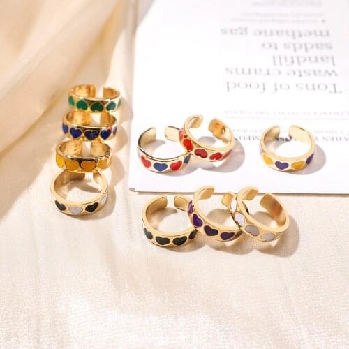 Vintage Individuality Ancient Love Heart Ring for Women Girls Golden Colorful Hearts Stars Open Rings 2021 Trend Party Jewelry