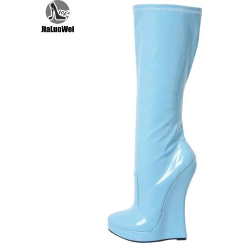 Women Knee-High Boots 18CM Super High Wedge Heel Patform Solid PU Leather Zip Sexy Boots