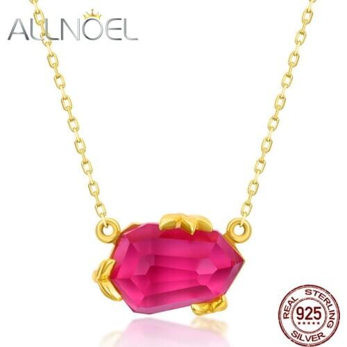 ALLNOEL 925 Sterling Silver Necklace For Women Geometric Diamond Synthetic Pink Topaz Claw Set Necklaces 2020 New Wholesale