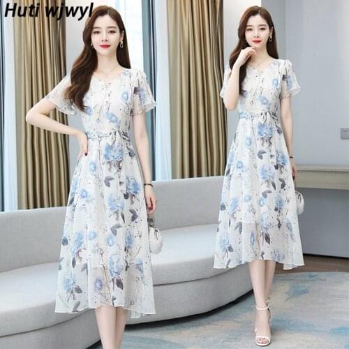 2021 Korean Women Oversize Boho Beach Dress Casual Bodycon Sexy V-neck Party Vestido Summer Vintage Floral Chiffon Midi Sundress