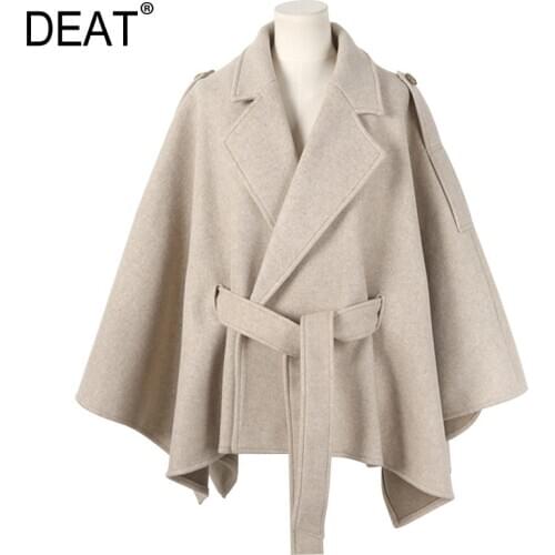 DEAT 2021 New Autumn Fashion Womens Woolen Coat Cloak Loose Lace-up Warm Thickened Solid Casual Drop-shoulder Slim TX029
