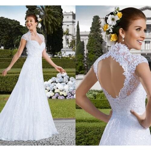 Vintage High End vestidos de novia Sweetheart Appliques Wedding Dresses Open up Back Short Sleeves Lace Wedding dress VERNASSA