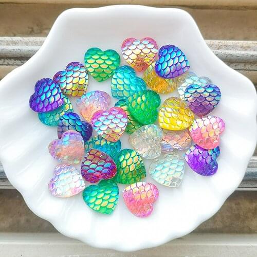 12mm 40pcs AB Resin Fish Scale Heart Flatback Rhinestone Stone Cabochon Scrapbook DIY Accessories