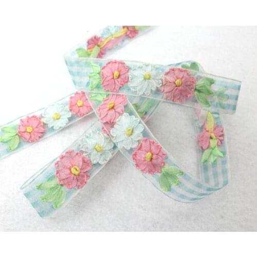 5 Colors|3/4 inchEmbroidered Floral Checkered Ribbon Trim|Three Flowers in a Row|Unique|Colorful|Woven Chiffon Organza Ribbon