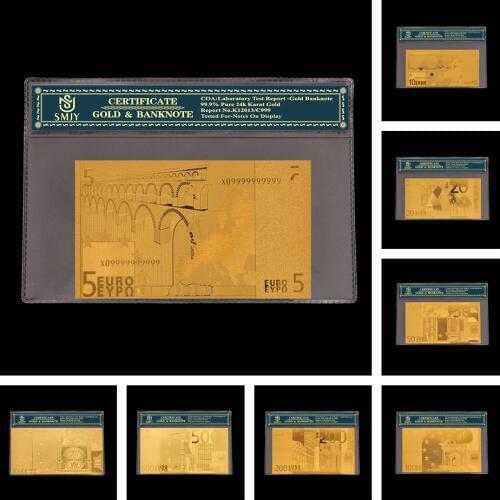 8Pcs/Lot Golden Euro Currency 5.10.20.50.100.200.500.1000 Euro Money in 24k Gold Plated Bill Collection With COA For Gifts