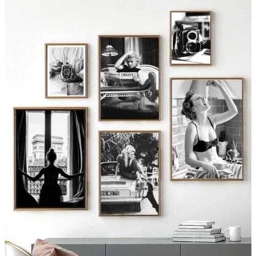 Black White Fashion Women Portrait Art Canvas Prints Painting Retro Nordic Posters Wall Art Pictures for Living Room Decoration