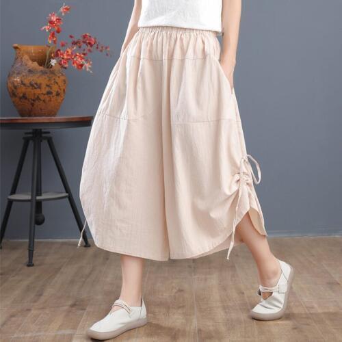 5 Colors Cotton and Linen Wide-leg Pants Cropped Trousers Womens Spring Summer Leisure Large Size Loose Korean Skirt Pants K551