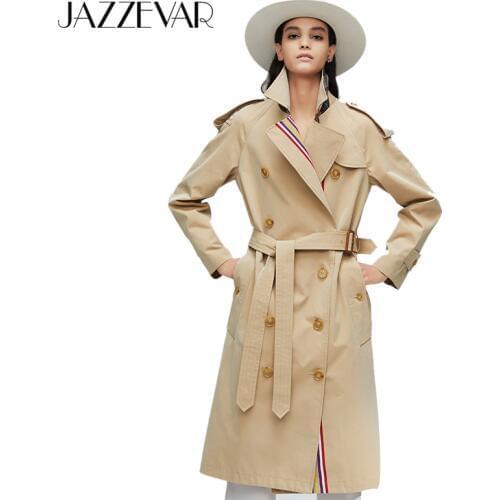 JAZZEVAR 2020 New arrival autumn khaki trench coat women casual fashion high quality cotton with belt long coat for women 9004-1