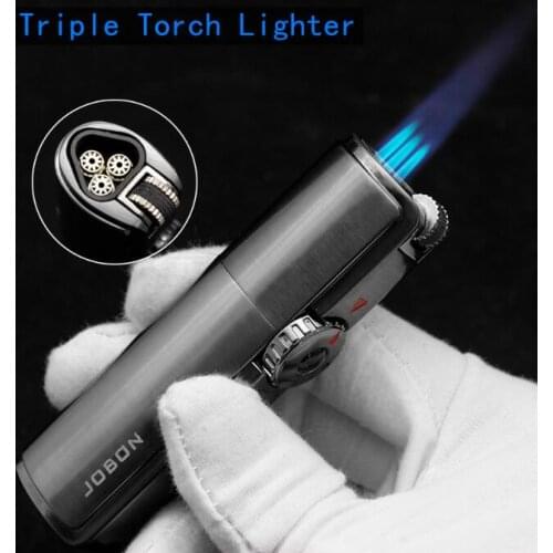 Jobon One Triple Torch Lighter Metal Windproof Gas Butane Jet Flint Lighter 3 Flame Turbo BBQ Cigar Spray Gun Gadgets For Men