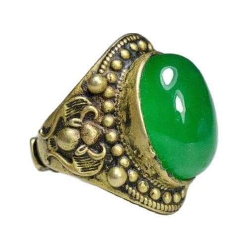 Brass inlaid with emerald high ice king Green Emerald inlaid with pure copper Qianlong ring
