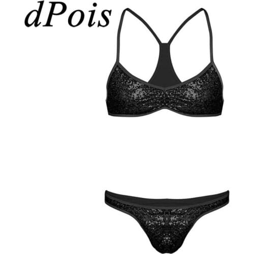 2Pcs Sissy Mens Lingerie Set Shiny Sequins Spaghetti Strap Cross Back Bra Top with Briefs Underwear Homme Gay Men Sexy Nightwear