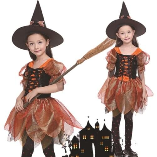 Little Girls Halloween Cosplay Witch Costume Kids orange Mesh tutu dress Children Witch Dress For Party Birthday Christmas