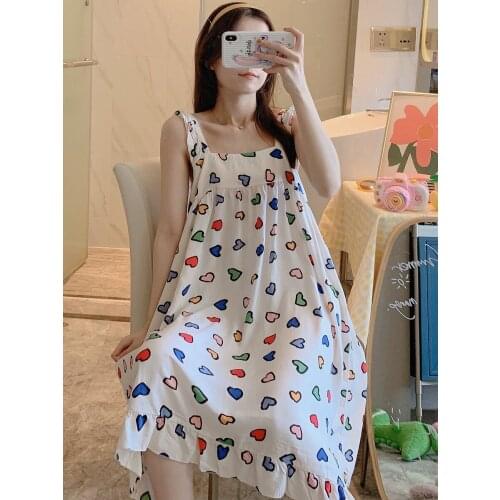 Summer Roud-Neck Plus Size Sleep Cotton Cute Vintage Sexy Sweet Nightdress Slip Strap Short Sleeve Women'Dress Nightgown