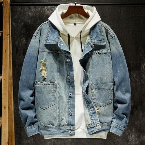 Trendy Brand Mens Nostalgic Ripped Denim Jacket Korean Style Casual Loose Short Light Blue Denim Jacket Coat Spring /Autumn XL