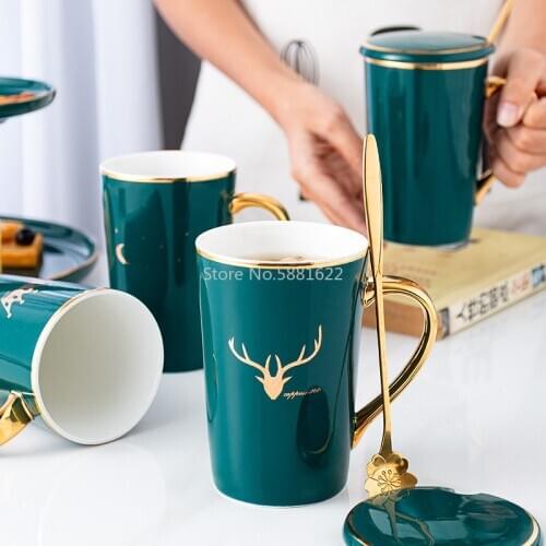 New Light Luxury Mug Couple Coffee Cup with Lid Water Cup European Creative Painting Phnom Penh Ceramic Cup Gift for Girlfriend