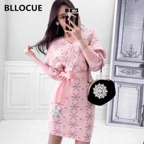 BLLOCUE Autumn New Runway Korean Snowflake Diamond Knitted Dress Women Sexy V Batwing Sleeve Bow lace-up Sweater Dress
