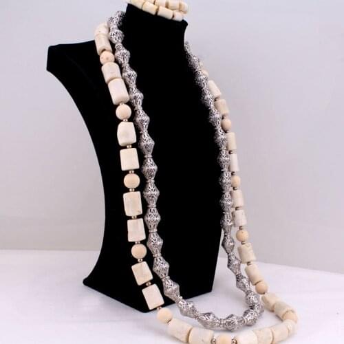 4Ujewelry 15-17mm African White Coral Necklace Set With Round Wood Nigerian Jewellery Set For Men