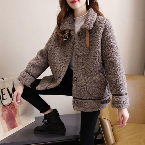 Lamb Wool Coat Female Long-sleeve Korean Style Solid Outwear Women Loose Autumn Winter All-match Thick Fur Plush Warm Tops Coats